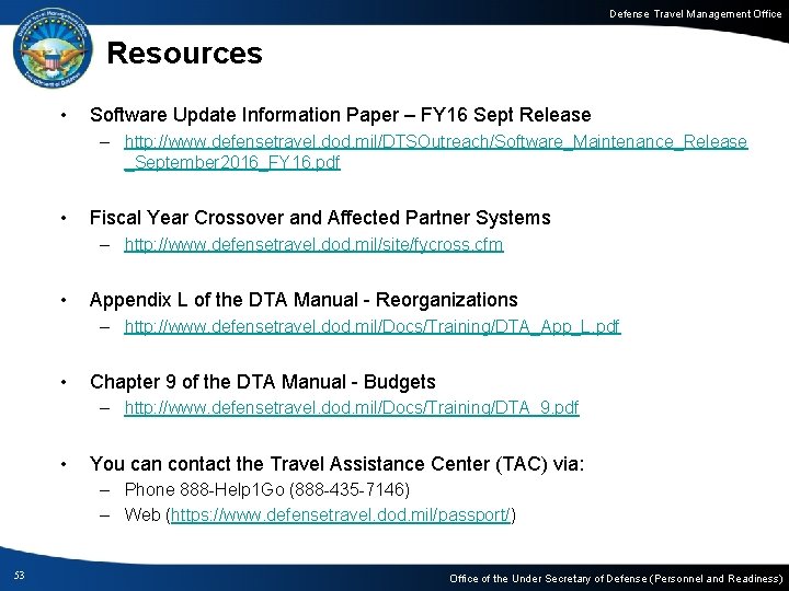 Defense Travel Management Office Resources • Software Update Information Paper – FY 16 Sept