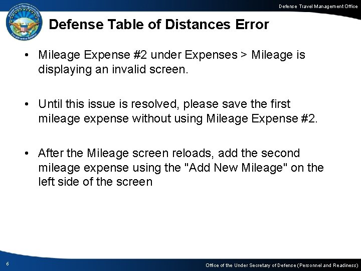 Defense Travel Management Office Defense Table of Distances Error • Mileage Expense #2 under