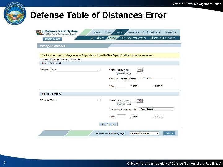 Defense Travel Management Office Defense Table of Distances Error 7 Office of the Under