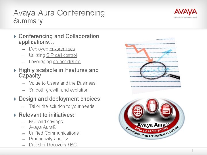 Avaya Aura Conferencing Summary 4 Conferencing and Collaboration applications… – Deployed on-premises – Utilizing Avaya Aura Conferencing Summary 4 Conferencing and Collaboration applications… – Deployed on-premises – Utilizing