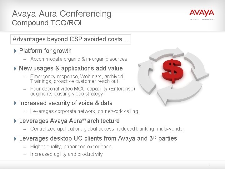 Avaya Aura Conferencing Compound TCO/ROI Advantages beyond CSP avoided costs… 4 Platform for growth Avaya Aura Conferencing Compound TCO/ROI Advantages beyond CSP avoided costs… 4 Platform for growth