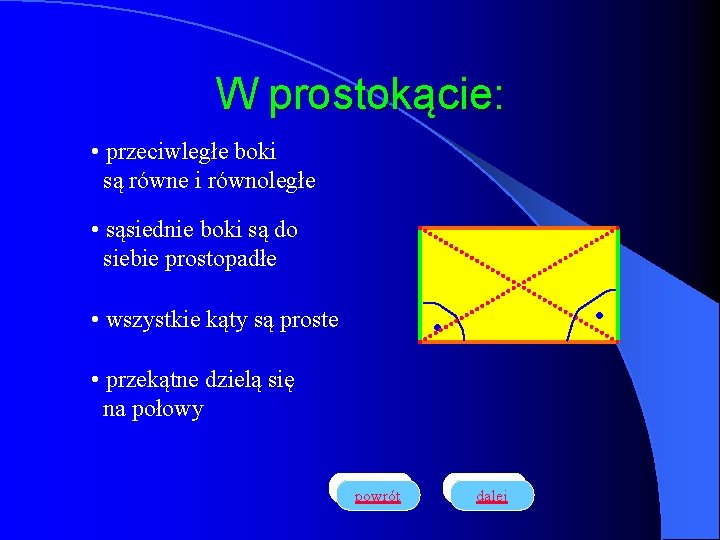 W prostokącie: • przeciwległe boki są równe i równoległe • sąsiednie boki są do