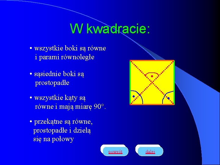 W kwadracie: • wszystkie boki są równe i parami równoległe • sąsiednie boki są