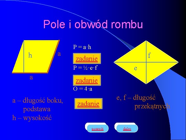 Pole i obwód rombu h a P = a·h f zadanie e P =