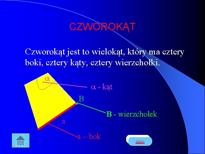 CZWOROKĄT Czworokąt jest to wielokąt, który ma cztery boki, cztery kąty, cztery wierzchołki. -