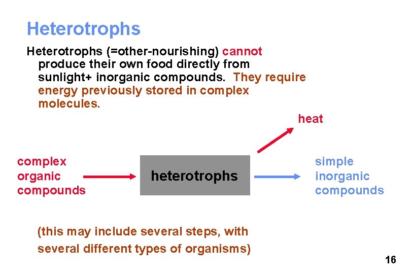 Heterotrophs (=other-nourishing) cannot produce their own food directly from sunlight+ inorganic compounds. They require Heterotrophs (=other-nourishing) cannot produce their own food directly from sunlight+ inorganic compounds. They require
