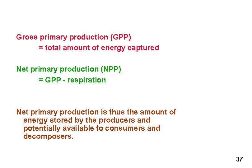 Gross primary production (GPP) = total amount of energy captured Net primary production (NPP) Gross primary production (GPP) = total amount of energy captured Net primary production (NPP)