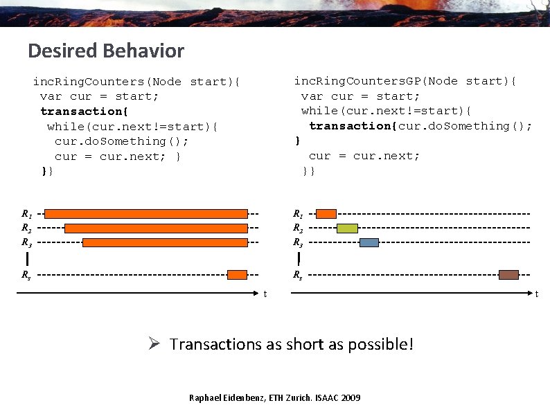 Desired Behavior inc. Ring. Counters. GP(Node start){ var cur = start; while(cur. next!=start){ transaction{cur.