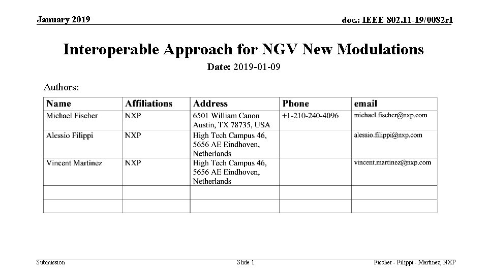 January 2019 doc. : IEEE 802. 11 -19/0082 r 1 Interoperable Approach for NGV