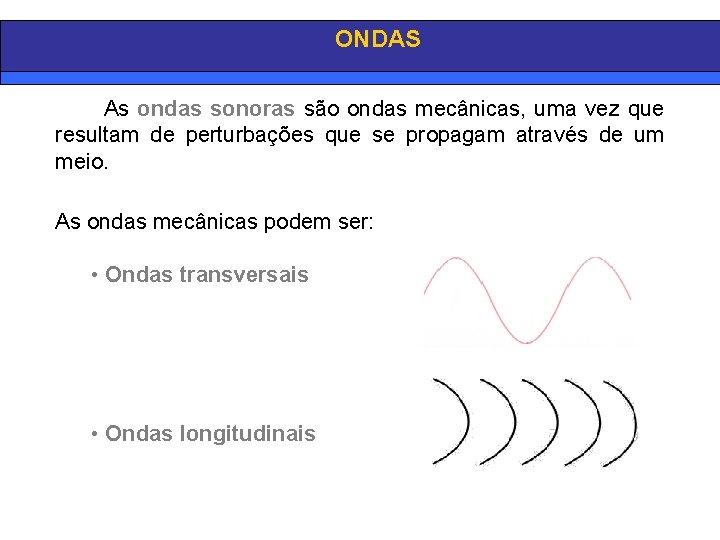 ONDAS As ondas sonoras são ondas mecânicas, uma vez que resultam de perturbações que