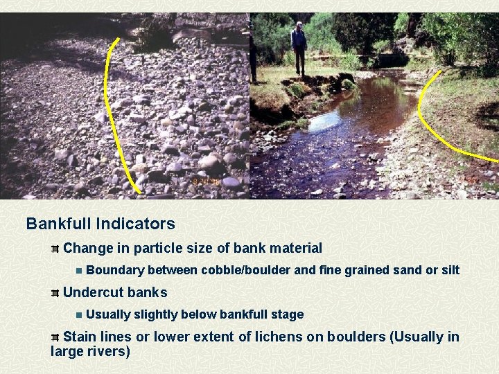 Bankfull Indicators Change in particle size of bank material n Boundary between cobble/boulder and