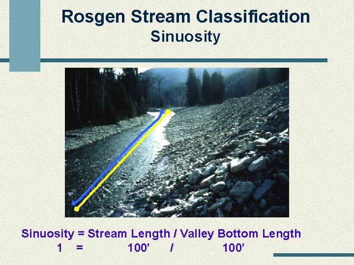 Rosgen Stream Classification Sinuosity = Stream Length / Valley Bottom Length 1 = 100’