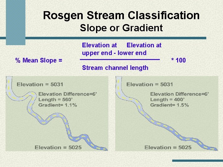 Rosgen Stream Classification Slope or Gradient Elevation at upper end - lower end %