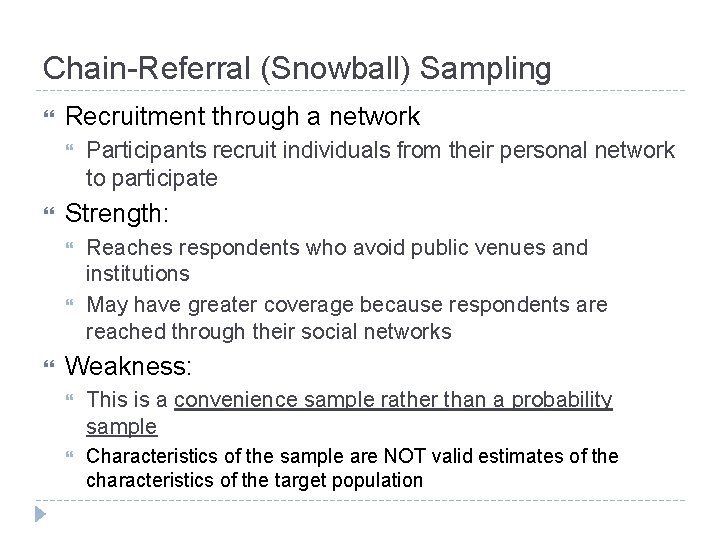 Chain-Referral (Snowball) Sampling Recruitment through a network Strength: Participants recruit individuals from their personal