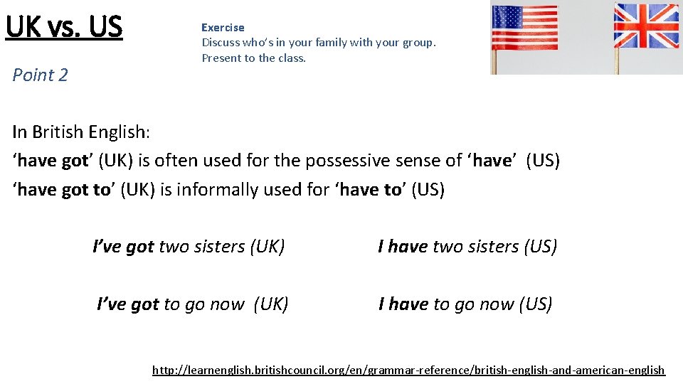 UK vs. US Point 2 Exercise Discuss who’s in your family with your group.