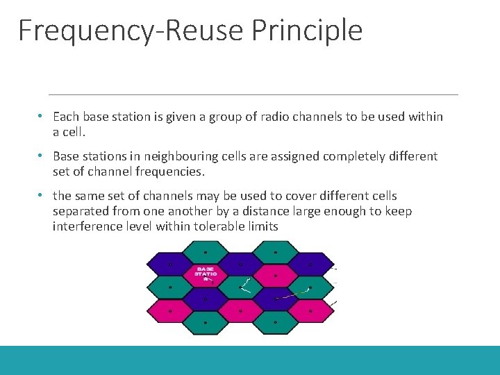 Frequency-Reuse Principle • Each base station is given a group of radio channels to