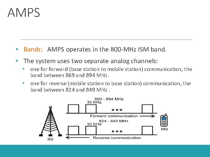 AMPS • Bands: AMPS operates in the 800 -MHz ISM band. • The system