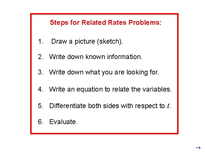 Steps for Related Rates Problems: 1. Draw a picture (sketch). 2. Write down known