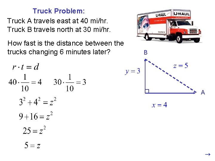 Truck Problem: Truck A travels east at 40 mi/hr. Truck B travels north at