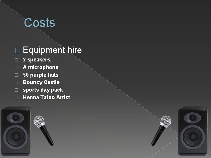 Costs � Equipment � � � hire 2 speakers. A microphone 50 purple hats