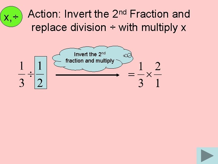 nd Fraction and Action: Invert the 2 x, ÷ replace division ÷ with multiply