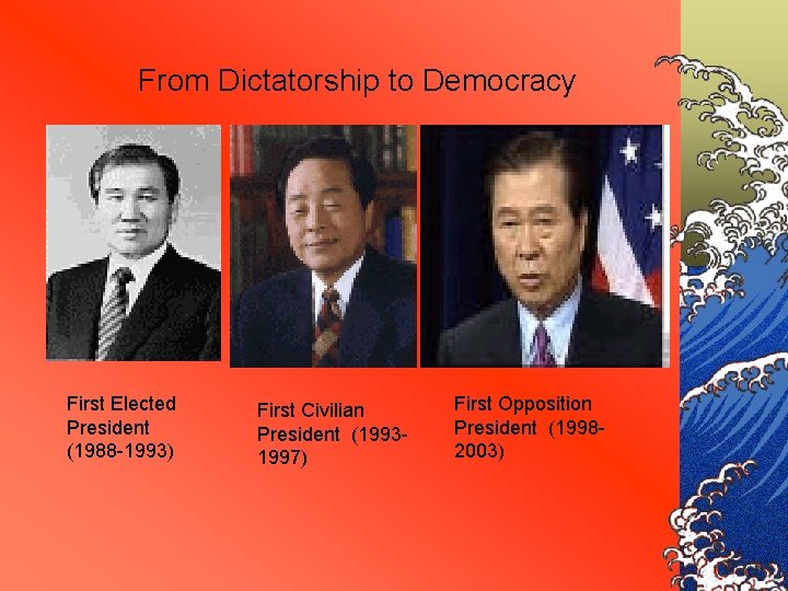 From Dictatorship to Democracy First Elected President (1988 -1993) First Civilian President (19931997) First