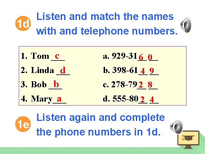 Listen and match the names 1 d with and telephone numbers. 1. Tom ___