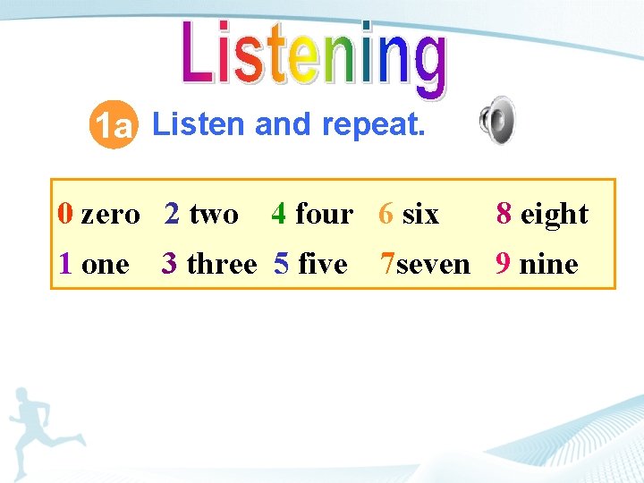 1 a Listen and repeat. 0 zero 2 two 1 one 4 four 6