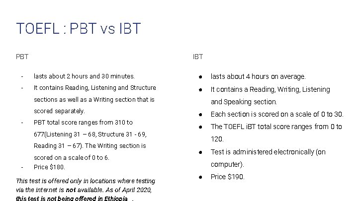 TOEFL : PBT vs IBT PBT - lasts about 2 hours and 30 minutes.