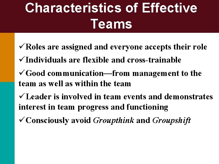 Characteristics of Effective Teams üRoles are assigned and everyone accepts their role üIndividuals are