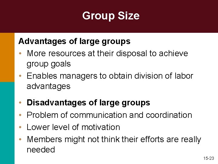 Group Size Advantages of large groups • More resources at their disposal to achieve Group Size Advantages of large groups • More resources at their disposal to achieve