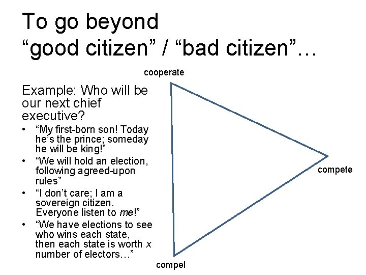 To go beyond “good citizen” / “bad citizen”… cooperate Example: Who will be our