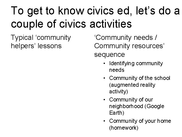 To get to know civics ed, let’s do a couple of civics activities Typical