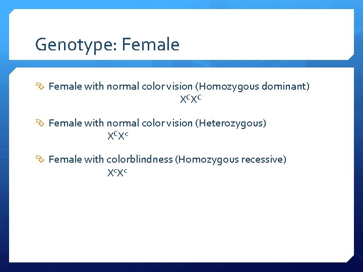 Genotype: Female with normal color vision (Homozygous dominant) X CX C Female with normal Genotype: Female with normal color vision (Homozygous dominant) X CX C Female with normal