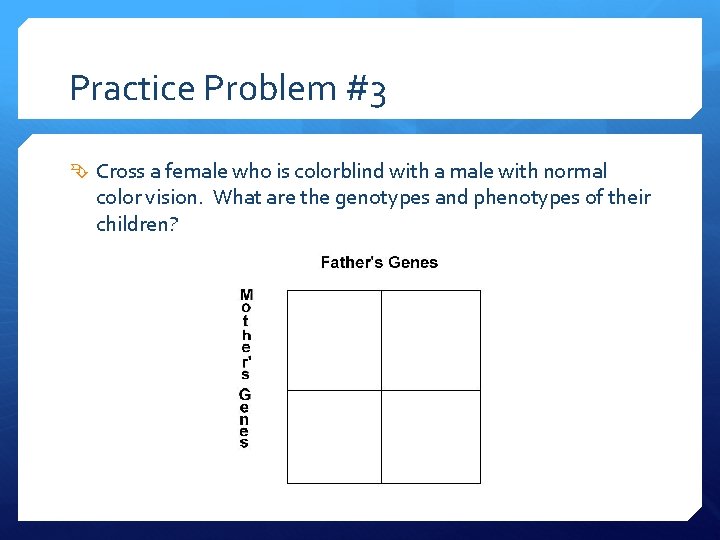 Practice Problem #3 Cross a female who is colorblind with a male with normal