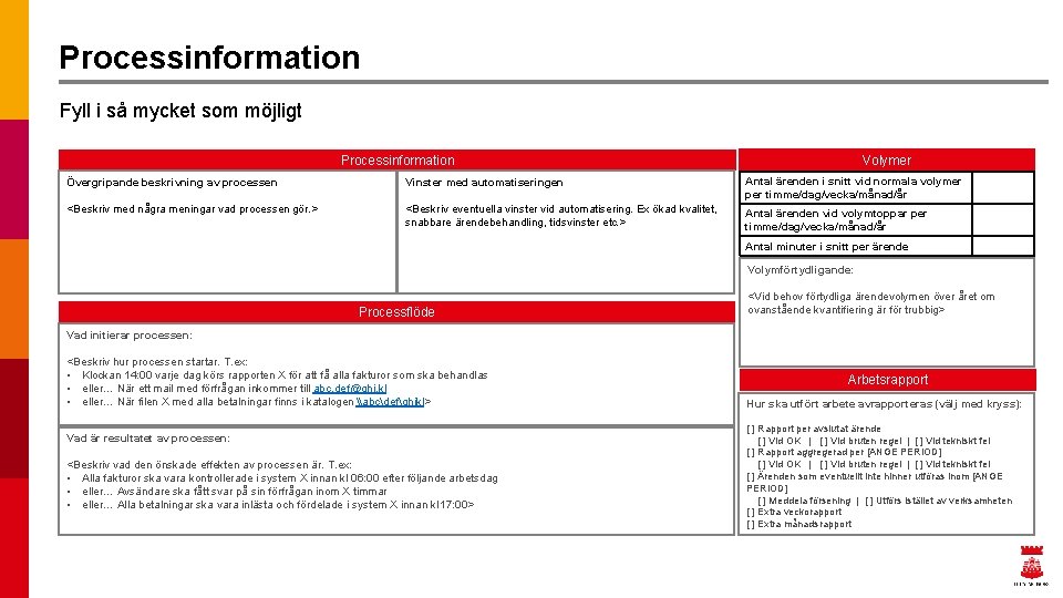 Processinformation Fyll i så mycket som möjligt Volymer Processinformation Övergripande beskrivning av processen Vinster