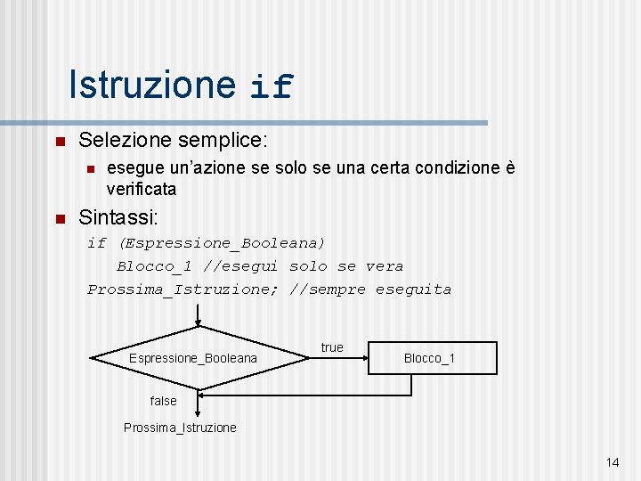 Istruzione if n Selezione semplice: n n esegue un’azione se solo se una certa