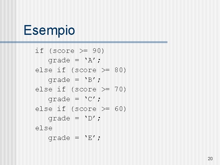 Esempio if (score >= 90) grade = ‘A’; else if (score >= 80) grade