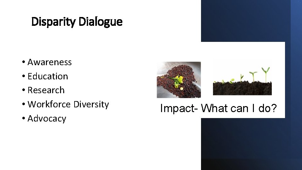 Disparity Dialogue • Awareness • Education • Research • Workforce Diversity • Advocacy Impact-