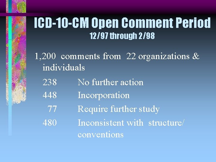 ICD-10 -CM Open Comment Period 12/97 through 2/98 1, 200 comments from 22 organizations