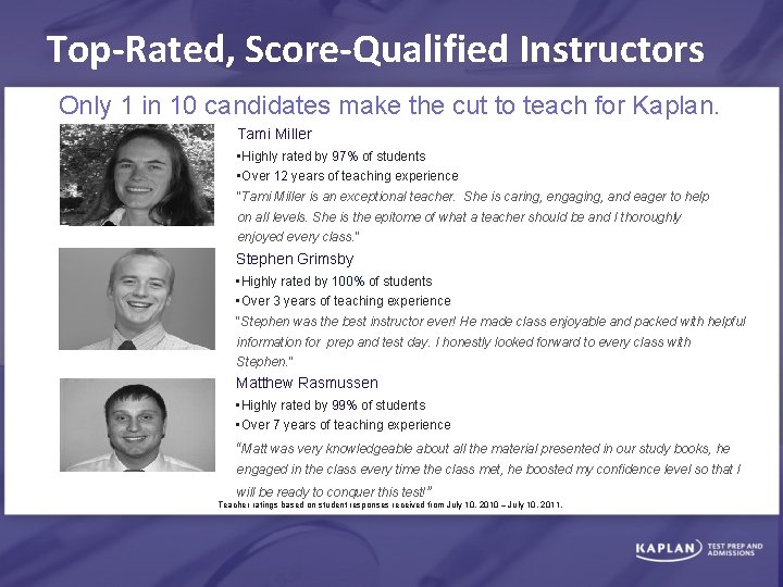 Top-Rated, Score-Qualified Instructors Only 1 in 10 candidates make the cut to teach for