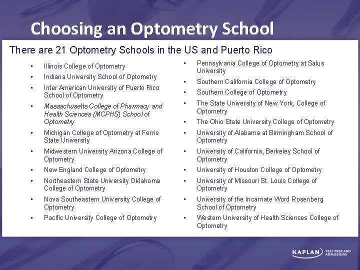 Choosing an Optometry School There are 21 Optometry Schools in the US and Puerto