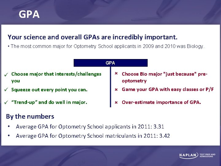 GPA Your science and overall GPAs are incredibly important. • The most common major