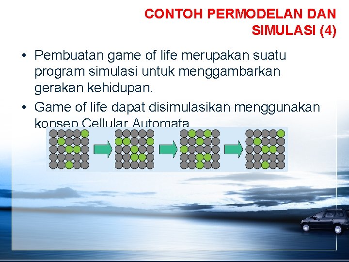 CONTOH PERMODELAN DAN SIMULASI (4) • Pembuatan game of life merupakan suatu program simulasi