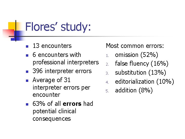 Flores’ study: n n n 13 encounters 6 encounters with professional interpreters 396 interpreter