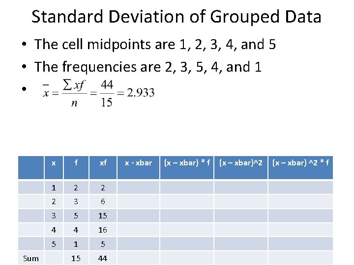 Standard Deviation of Grouped Data • The cell midpoints are 1, 2, 3, 4,