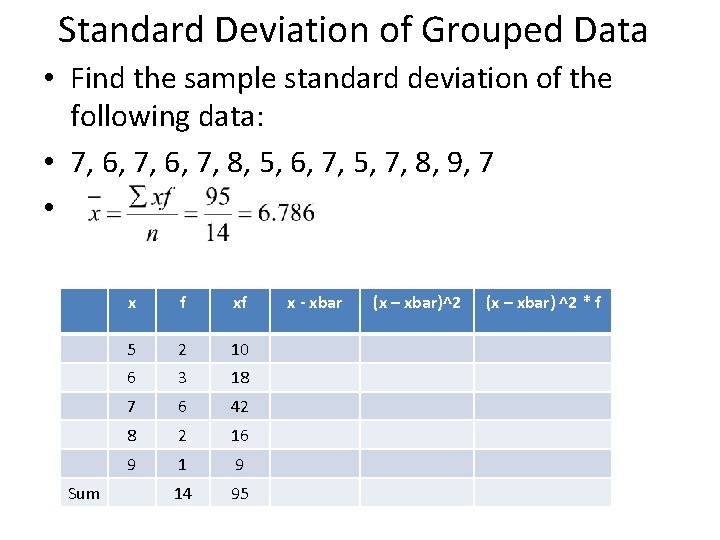 Standard Deviation of Grouped Data • Find the sample standard deviation of the following