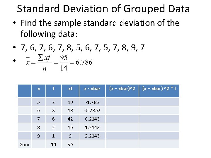 Standard Deviation of Grouped Data • Find the sample standard deviation of the following