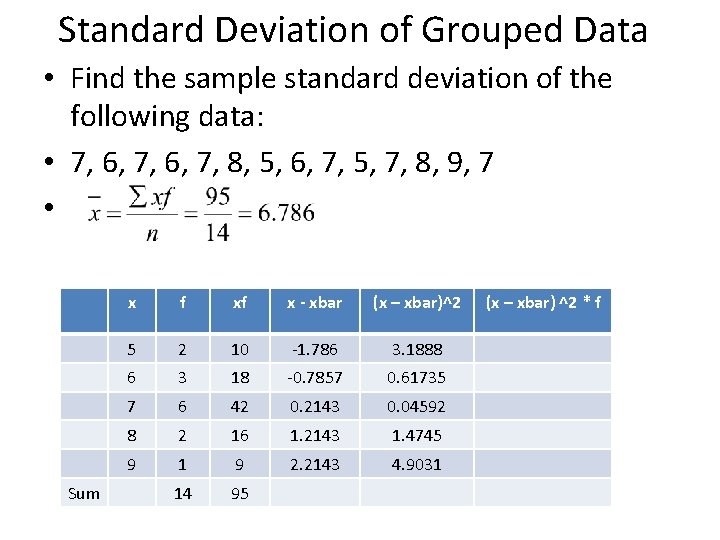 Standard Deviation of Grouped Data • Find the sample standard deviation of the following