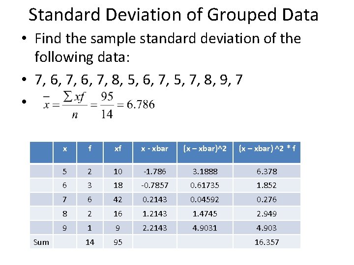 Standard Deviation of Grouped Data • Find the sample standard deviation of the following